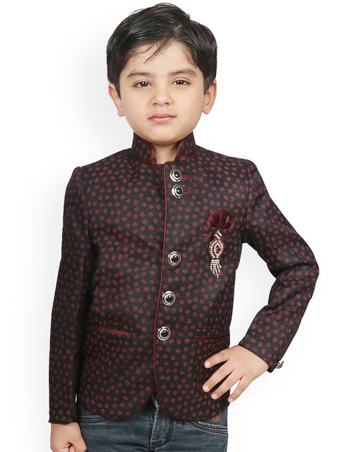 

SG YUVRAJ Boys Black & Maroon Self Design Regular-Fit Single-Breasted Blazer