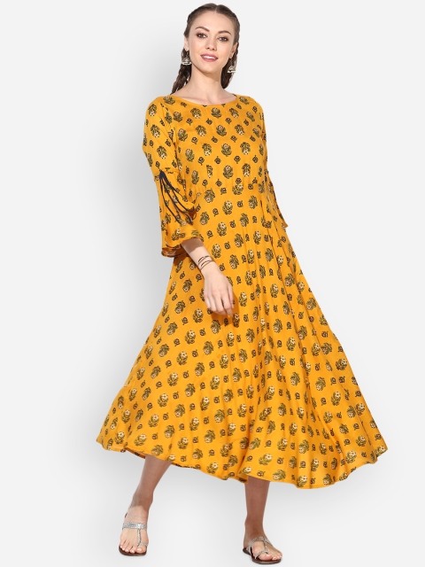 

Myshka Women Yellow Printed A-Line Dress