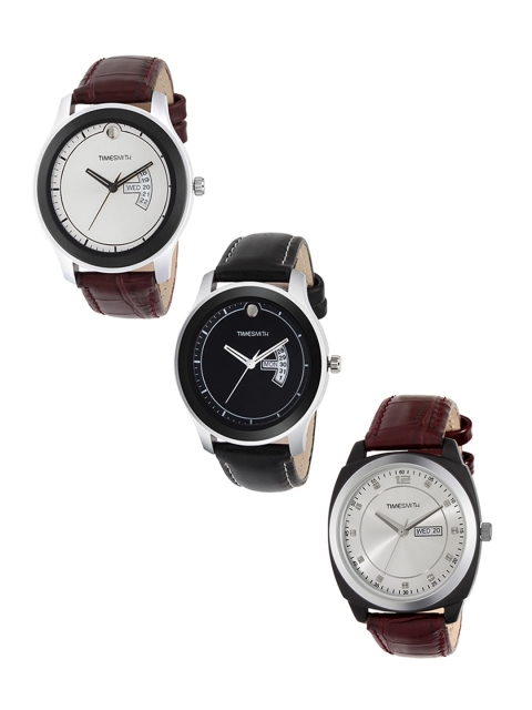 

TIMESMITH Men Set Of 3 Leather Analogue Watches TSC-002-003-004, Silver