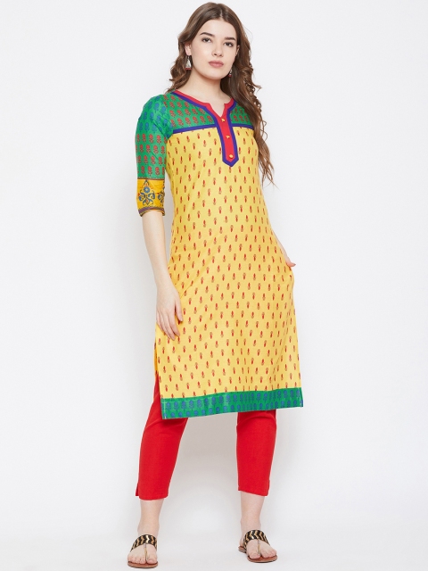

Aask Women Yellow & Green Printed Straight Kurta