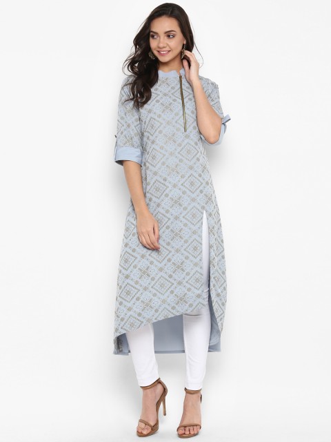 

Janasya Women Blue Printed A-Line Asymmetric Kurta