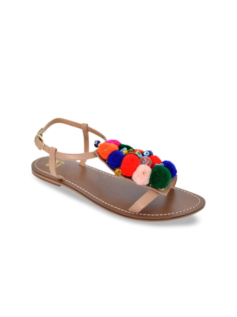 

Saint G Women Brown Embellished Leather T-Strap Flats