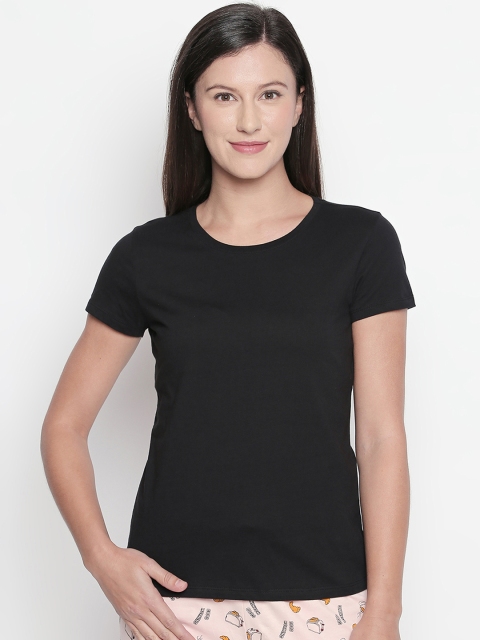 

Dreamz by Pantaloons Women Black Solid Round Neck Pure Cotton Lounge T-shirt