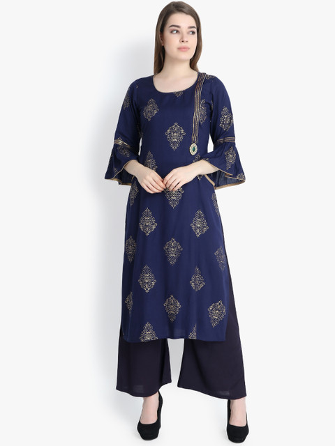 

Aujjessa Women Navy Blue & Black Printed Kurta with Palazzos