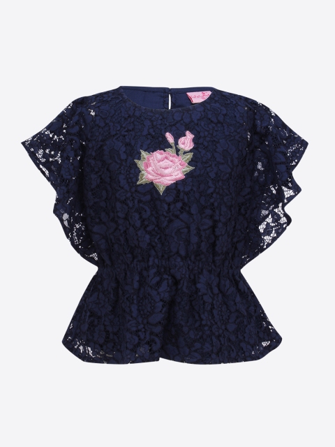 

CUTECUMBER Girls Navy Blue Self Design Cinched Waist Top