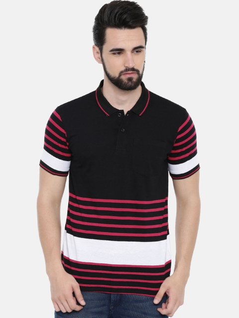 

IMYOUNG Men Black & Pink Striped Polo Collar T-shirt