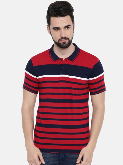 

IMYOUNG Men Red Striped Polo Collar T-shirt