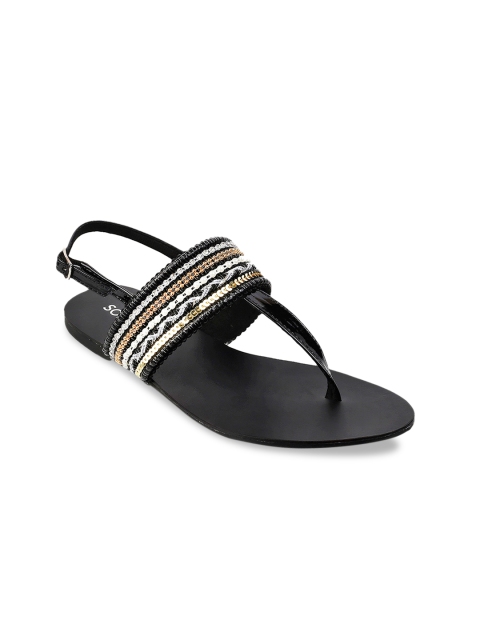 

SOLE HEAD Women Black Woven Design T-Strap Flats