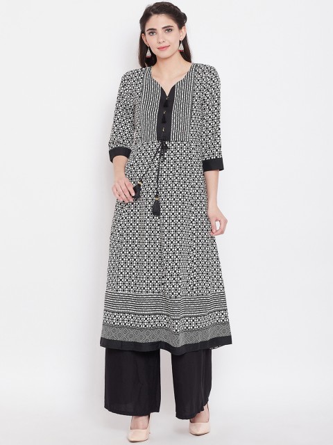 

One of a Kind Women Black & White Printed Anarkali Kurti