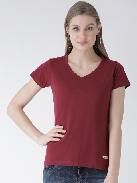 

GRIFFEL Women Maroon Solid V-Neck T-shirt