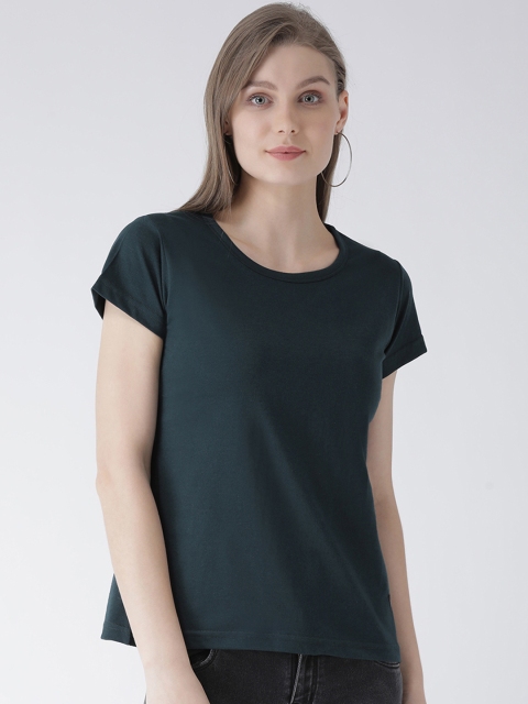 

GRIFFEL Women Greenish Blue Solid Round Neck T-shirt, Green
