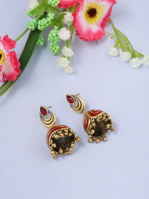 

Studio Voylla Gold-Toned & Red Handcrafted Dome Shaped Jhumkas