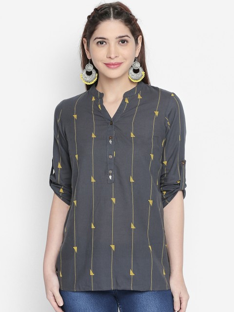 

AKKRITI BY PANTALOONS Women Grey Printed Shirt Style Top