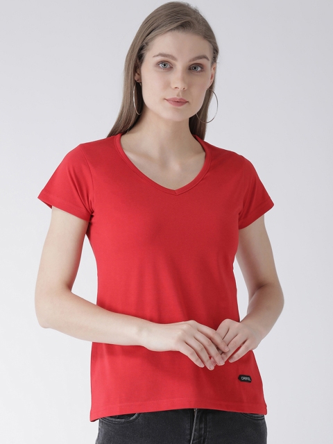 

GRIFFEL Women Red Solid V-Neck Pure Cotton T-shirt