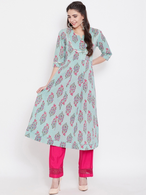 

One of a Kind Women Blue Printed Pure Cotton Anarkali Kurti