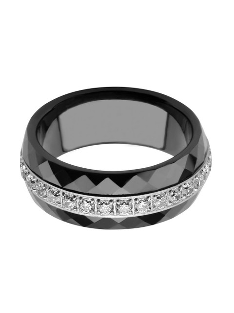 

Inox Jewelry Women Black & Silver-Toned CZ-Studded Band Ring