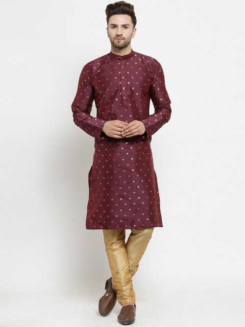 

SOJANYA Men Burgundy & Gold-Toned Self Design Kurta with Churidar
