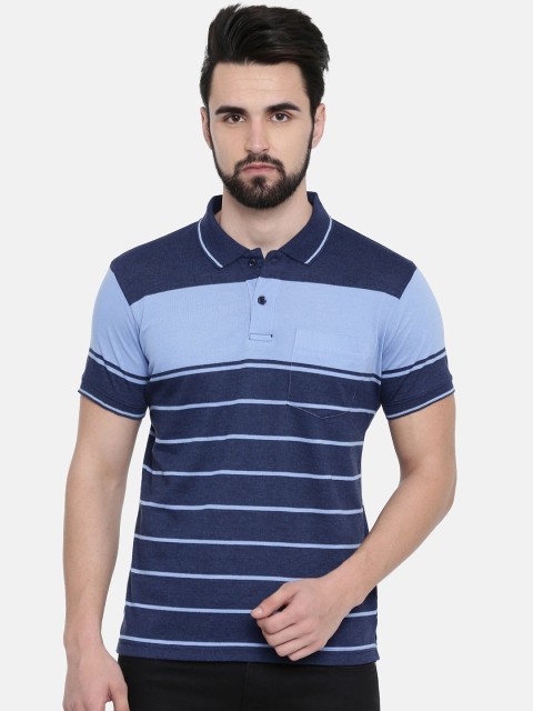 

IMYOUNG Men Navy Blue Striped Polo Collar T-shirt