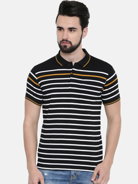 

IMYOUNG Men Black Striped Polo Collar T-shirt