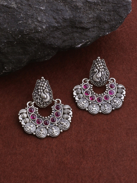 

Voylla Silver-Plated Oxidised Peacock Shaped Drop Earrings