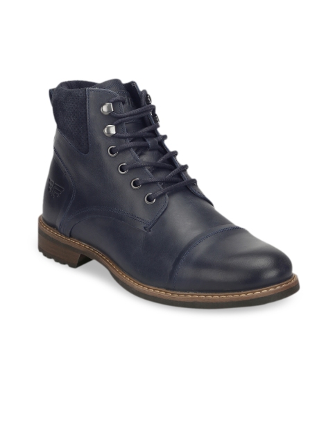 

Red Tape Men Navy Blue Solid Leather Mid-Top Flat Boots