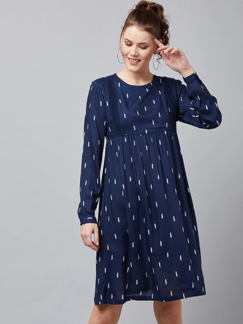 

RARE ROOTS Women Navy Blue Printed Empire Dress