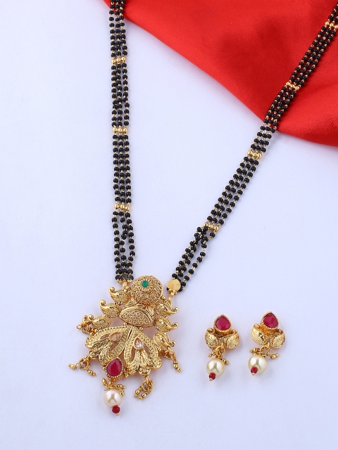 

Voylla Women Gold-Plated & Black Stone & Pearl Embellished Beaded Mangalsutra With Earings
