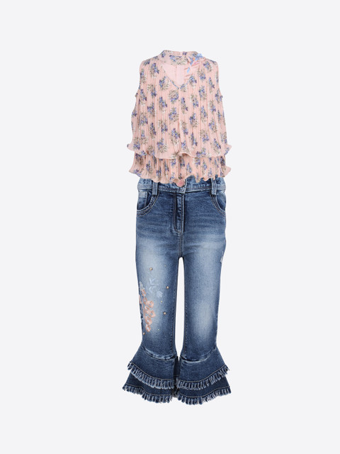 

CUTECUMBER Girls Peach-Coloured & Blue Printed Top with Jeans