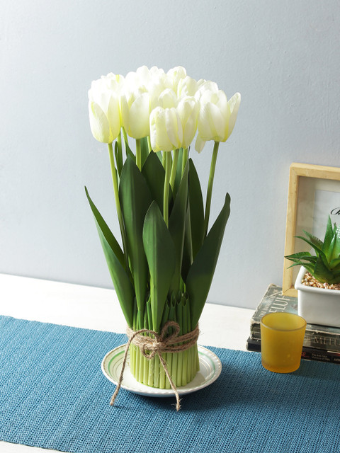 

Fourwalls Set of 12 White & Green Bonsai Plants with Tulip Flowers
