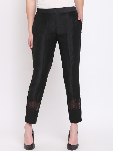 

RIVI Women Black Regular Fit Solid Silk Cigarette Trousers