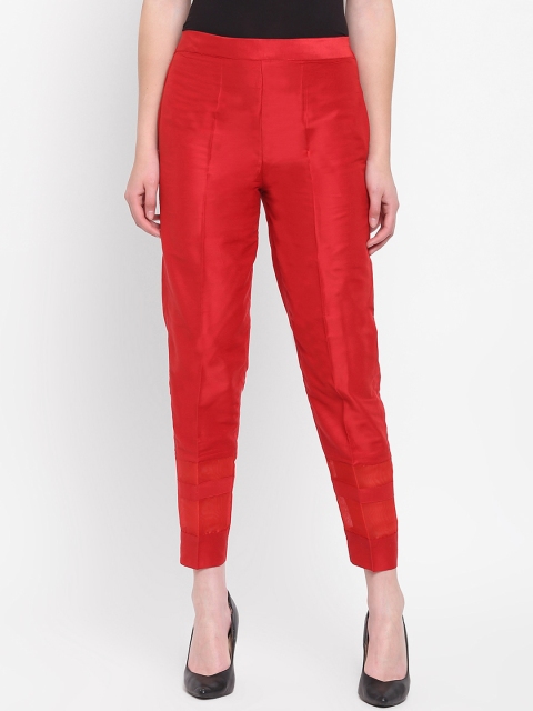 

RIVI Women Red Regular Fit Solid Silk Cigarette Trousers
