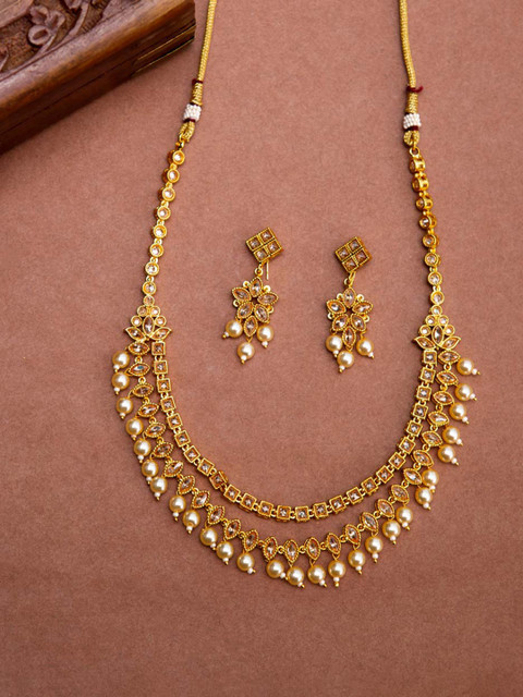 

Voylla Women Gold-Plated, Pink & White Stone-Studded Jewellery Set