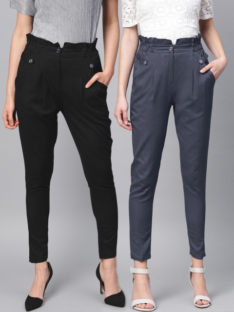 

Tulsattva Women Pack of 2 Smart Tapered Fit Solid Peg Trousers, Black