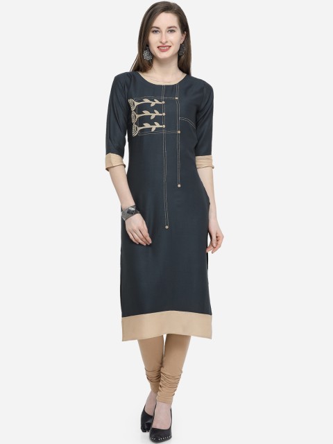 

Kvsfab Women Grey & Cream-Coloured Embroidered Straight Kurta