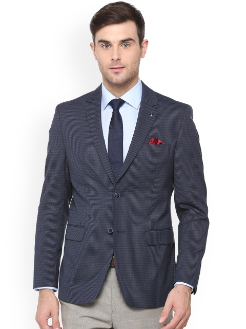 

Van Heusen Men Navy Blue Checked Slim-Fit Single-Breasted Blazer