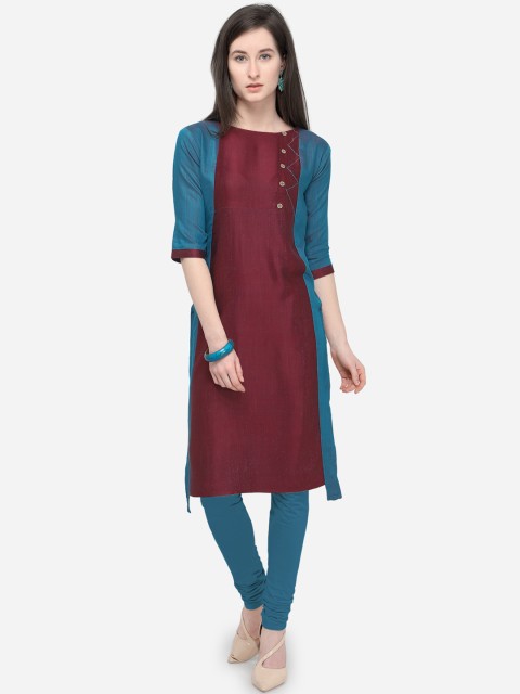 

Kvsfab Women Red & Blue Colourblocked Straight Kurta