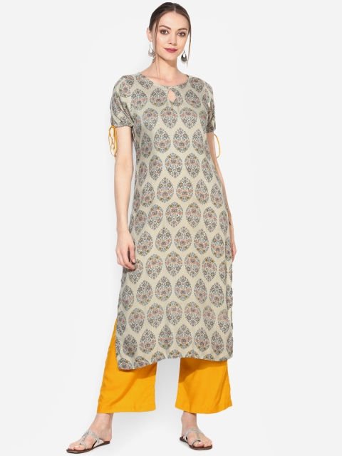 

Myshka Women Grey & Mustard Printed Kurta with Palazzos
