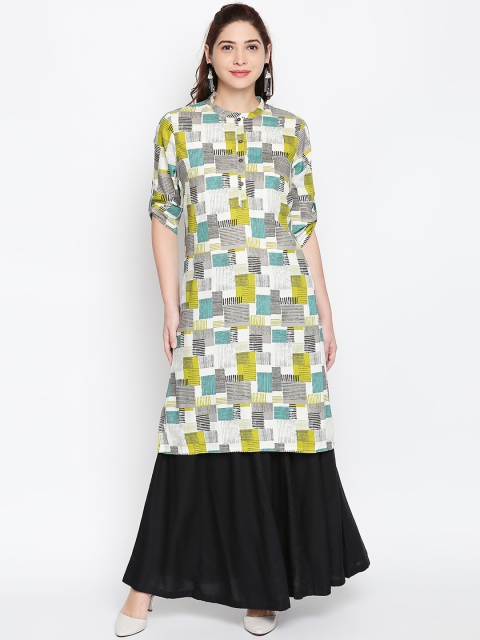 

RANGMANCH BY PANTALOONS Women Lime Green & White Printed Straight Kurta
