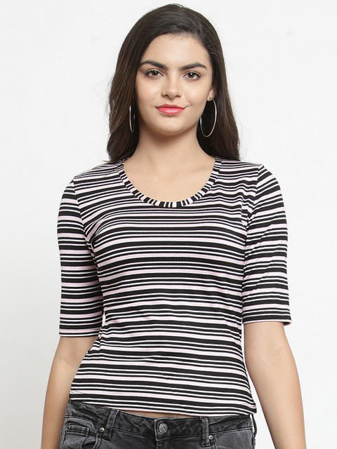 

Purplicious Women Black & Pink Striped Round Neck T-shirt