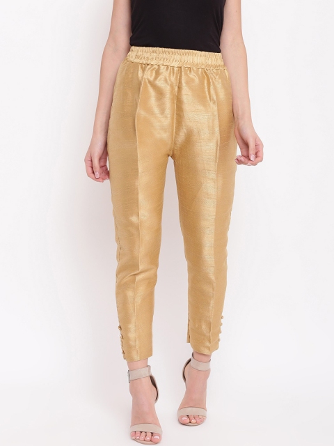 

RIVI Women Gold-Toned Regular Fit Solid Silk Cigarette Trousers