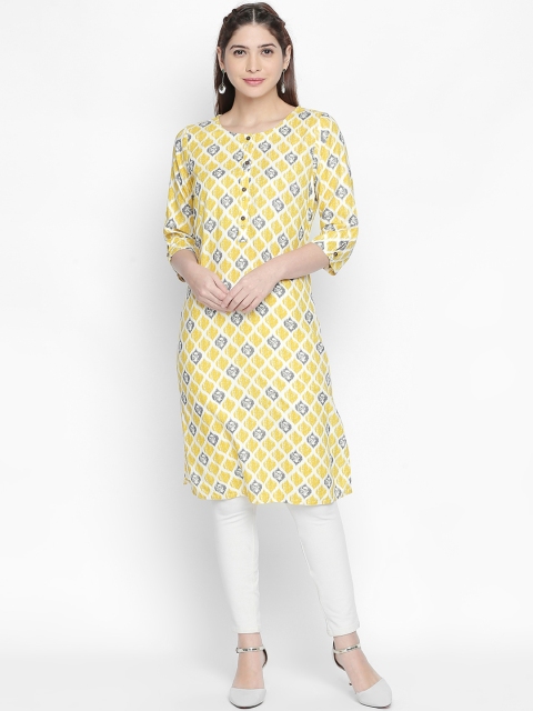 

RANGMANCH BY PANTALOONS Women Lime Green & White Printed Straight Kurta