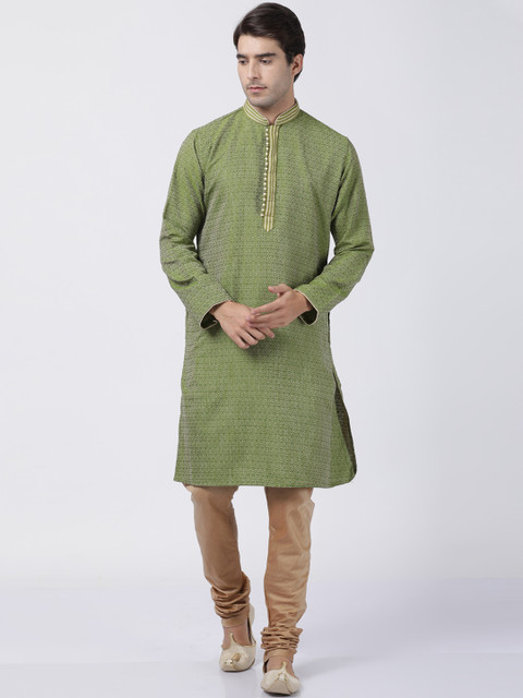 

VASTRAMAY Men Green & Beige Self Design Kurta with Churidar