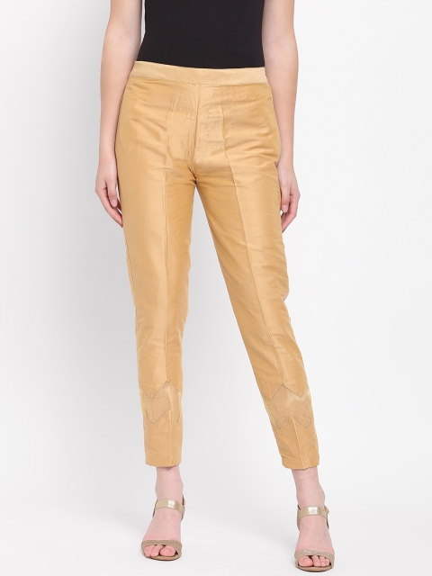 

RIVI Women Gold-Toned Regular Fit Solid Silk Cigarette Trousers