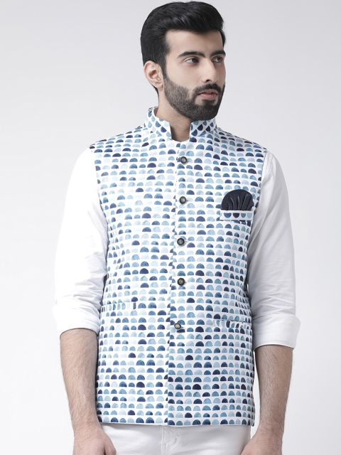 

Hangup Men White & Blue Printed Nehru Jacket