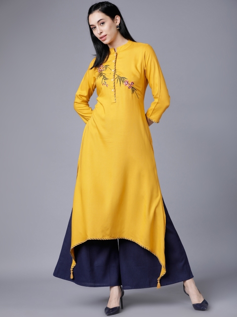 

Vishudh Women Mustard & Rust Embroidered Asymmetric A-Line Kurta