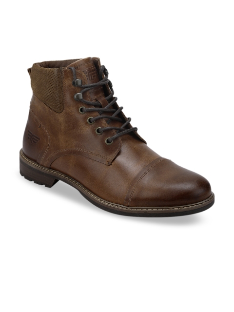 

Red Tape Men Brown Solid Leather Mid-Top Flat Boots