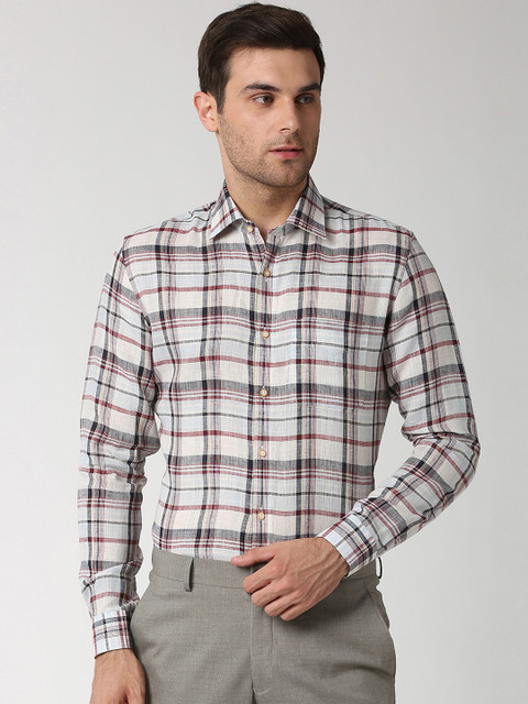 

Peter England Elite Men White & Brown Slim Fit Checked Linen Formal Shirt
