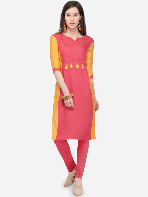 

Kvsfab Women Peach-Coloured & Yellow Colourblocked Straight Kurta