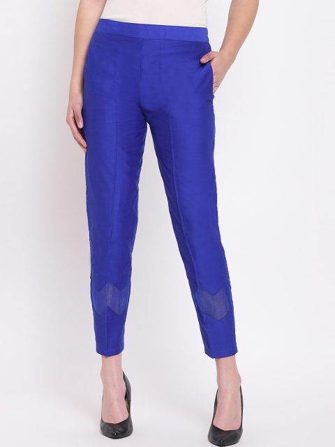 

RIVI Women Blue Regular Fit Solid Silk Cigarette Trousers