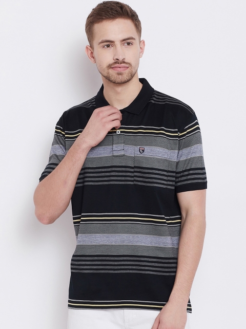 

Duke Men Black Striped Polo Collar T-shirt